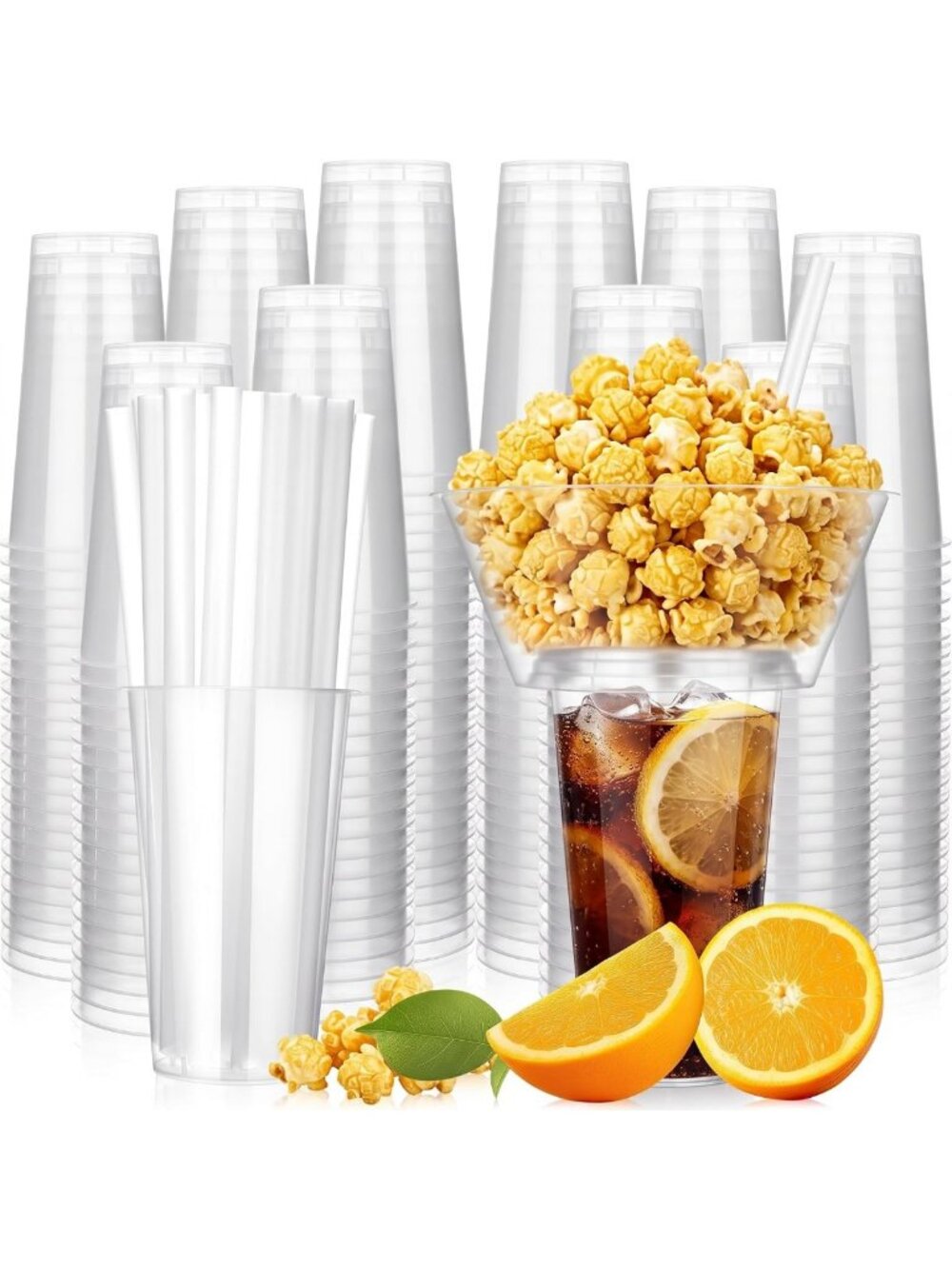 2-in-1 Snack & Drink Cups with Straws, Disposable Tumblers for Parties & Travel